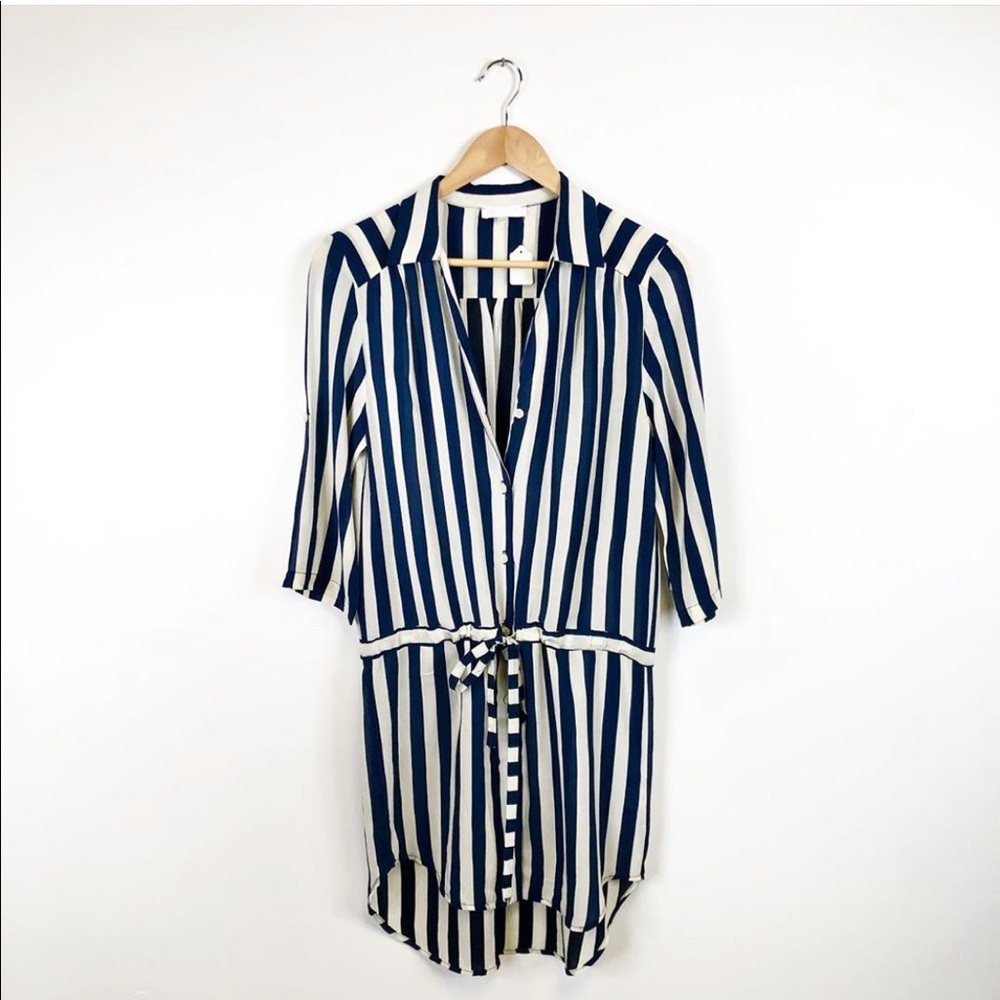 GLAM navy & white sheer tie waist coverup dress